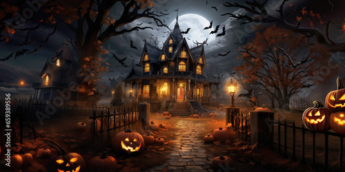Halloween. Illustration of horror house in the woods. Moon, bats and curved pumpkins. Ai generated image    © Koray