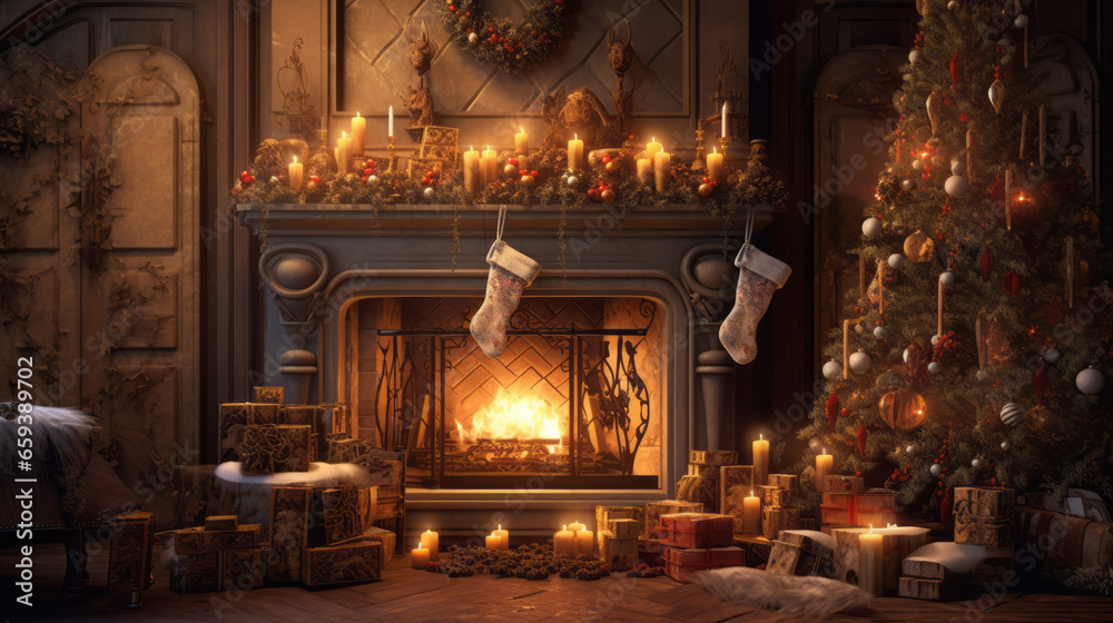 Festive holiday fireplace with illuminated christmas tree and decorations, Christmas stockings hanging from the fireplace.