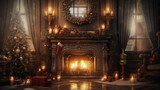 Festive holiday fireplace with illuminated Christmas tree and decorations, Christmas stockings hanging from the fireplace.