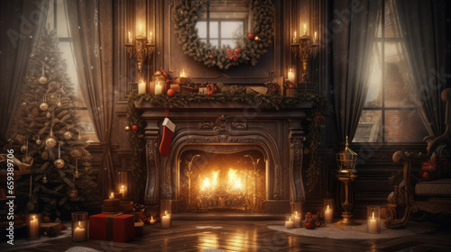 Festive holiday fireplace with illuminated Christmas tree and decorations  Christmas stockings hanging from the fireplace.