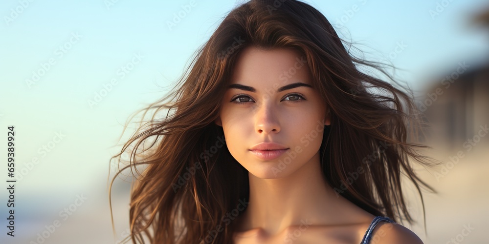 Close up portrait of beautiful young woman on the beach