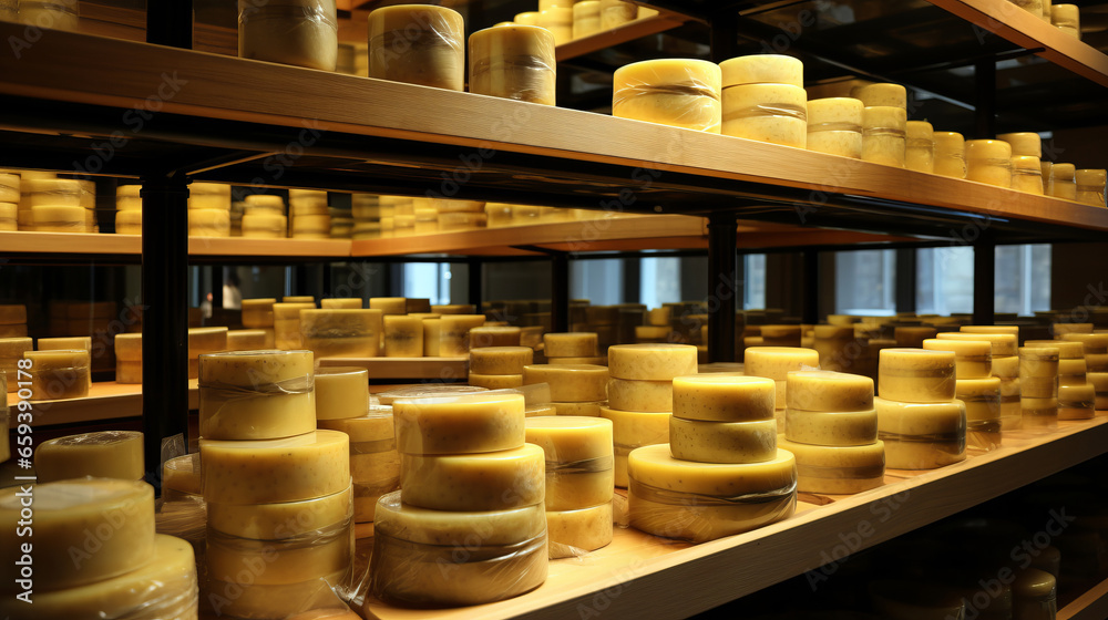 shelves of cheese wheels