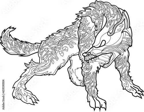 Fenrir wolf in full growth mono width lines tattoo logo