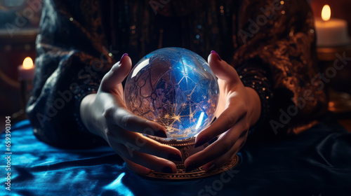 close-up of fortune tellers hands on crystal ball
