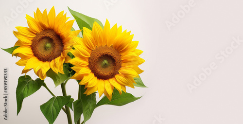 Beautiful yellow sunflowers with green leaves