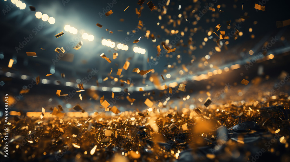 Gold confetti on a soccer stadium. 3d rendering toned image. - obrazy, fototapety, plakaty 