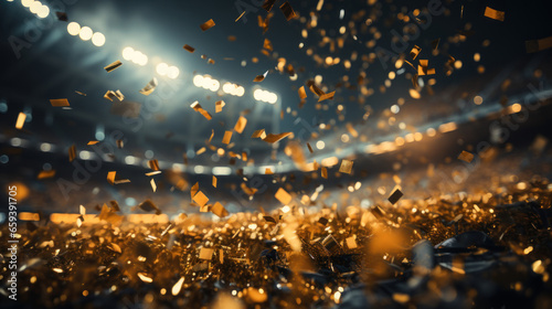 Gold confetti on a soccer stadium. 3d rendering toned image. © AS Photo Family