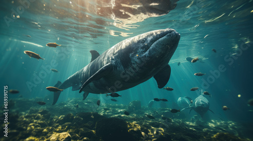 Great whale swimming underwater in the ocean.