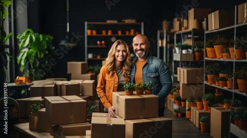 Smiling bald man and woman holding boxes and looking at camera in warehouse. Small business concept. photo