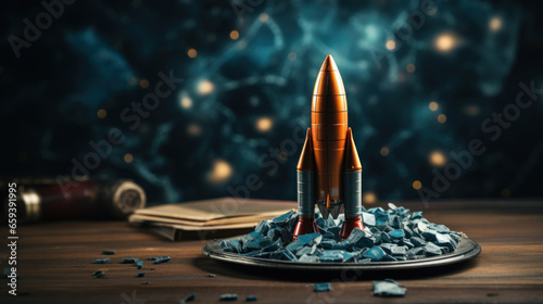 Rocket on the table in the dark. 3d render illustration.