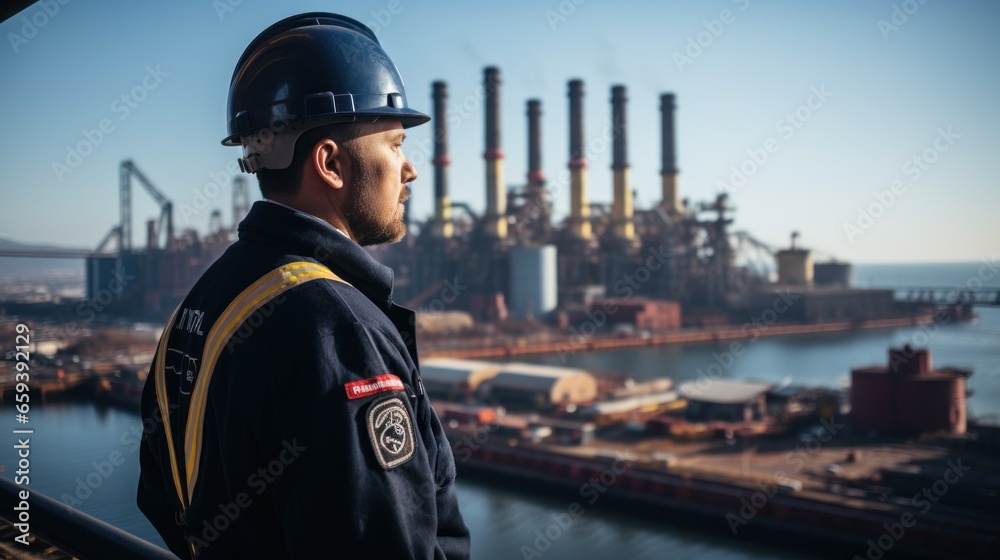 Portrait of a male security guard on the background of oil refinery. Portrait of a male security guard on the background of oil refinery.