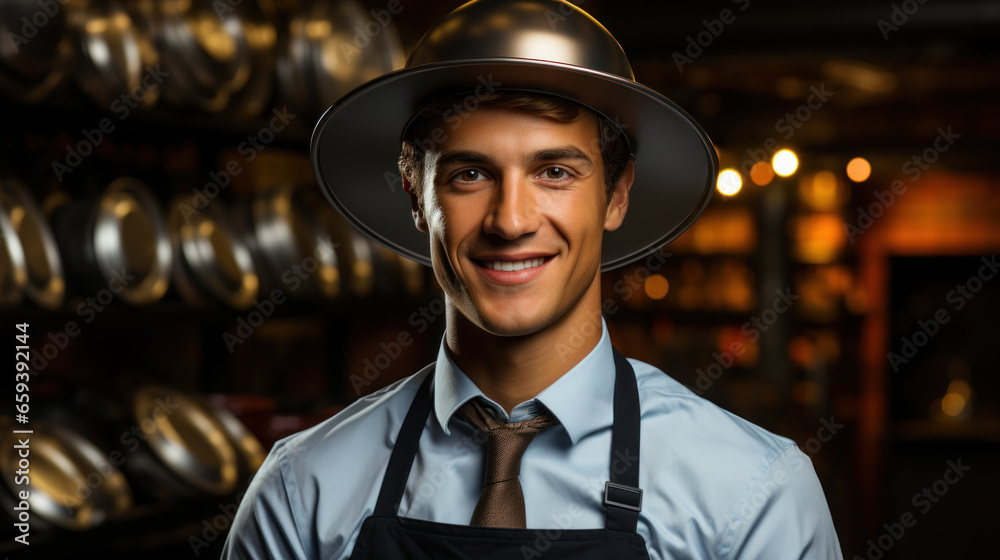 Portrait of a funny young man in apron and pan steel hat standing in a cellar. Portrait of a funny young man in apron and pan steel hat standing in a cellar.
