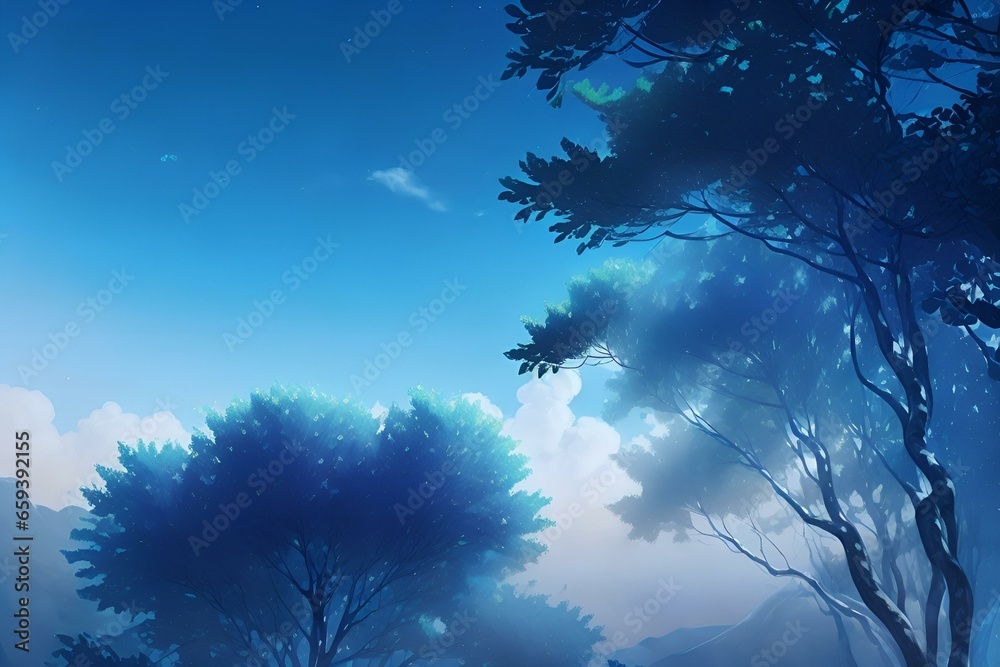 Imagine a blue gradient background that evokes a sense of tranquility and calmness, with soft wispy clouds floating in the sky and a gentle breeze rustling through the trees.
