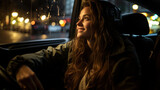 Happy young woman driving car at night in rainy day.