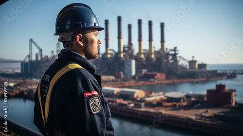 Portrait of a male security guard on the background of oil refinery. © AS Photo Family
