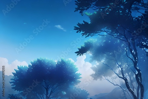 Imagine a blue gradient background that evokes a sense of tranquility and calmness  with soft wispy clouds floating in the sky and a gentle breeze rustling through the trees.