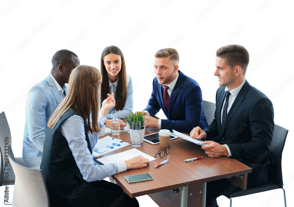Young handsome man gesturing and discussing something while his coworkers listening to him sitting at the office table on a transparent background Young handsome man gesturing and discussing something while his coworkers listening to him sitting at the office table on a transparent background