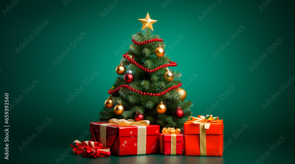Christmas decorations, green tree with red ribbon and gold balls, under gift boxes