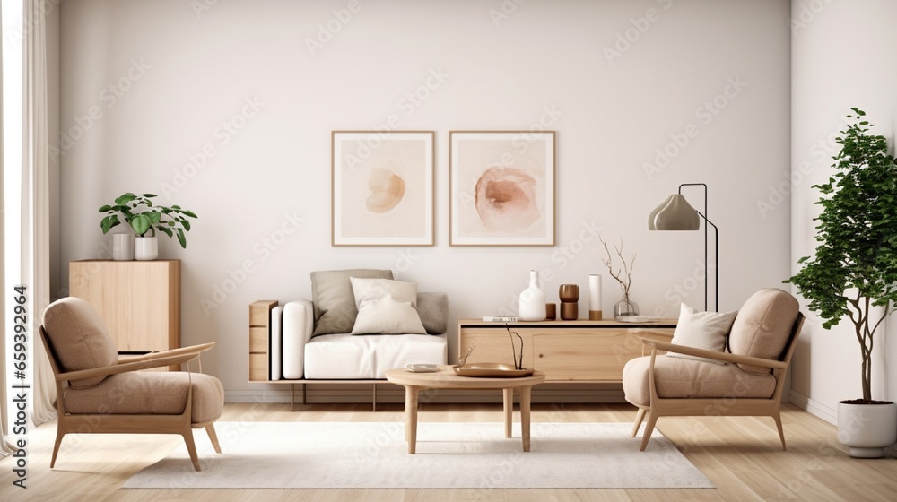 Fototapeta premium Scandinavian-style living area with design furniture, plants, bamboo bookstand, and wooden desk. Parquet flooring in brown wood. On the white wall, there is an abstract painting. Very nice unit. 