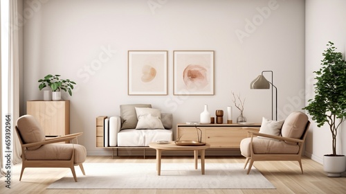 Scandinavian-style living area with design furniture, plants, bamboo bookstand, and wooden desk. Parquet flooring in brown wood. On the white wall, there is an abstract painting. Very nice unit.  photo