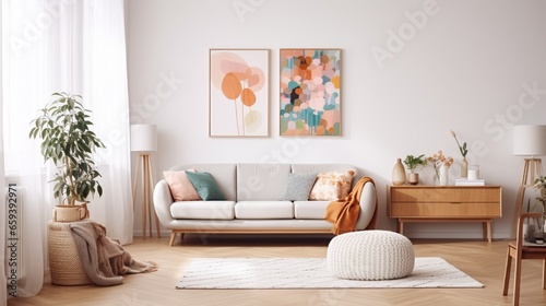 Scandinavian-style living area with design furniture, plants, bamboo bookstand, and wooden desk. Parquet flooring in brown wood. On the white wall, there is an abstract painting. photo