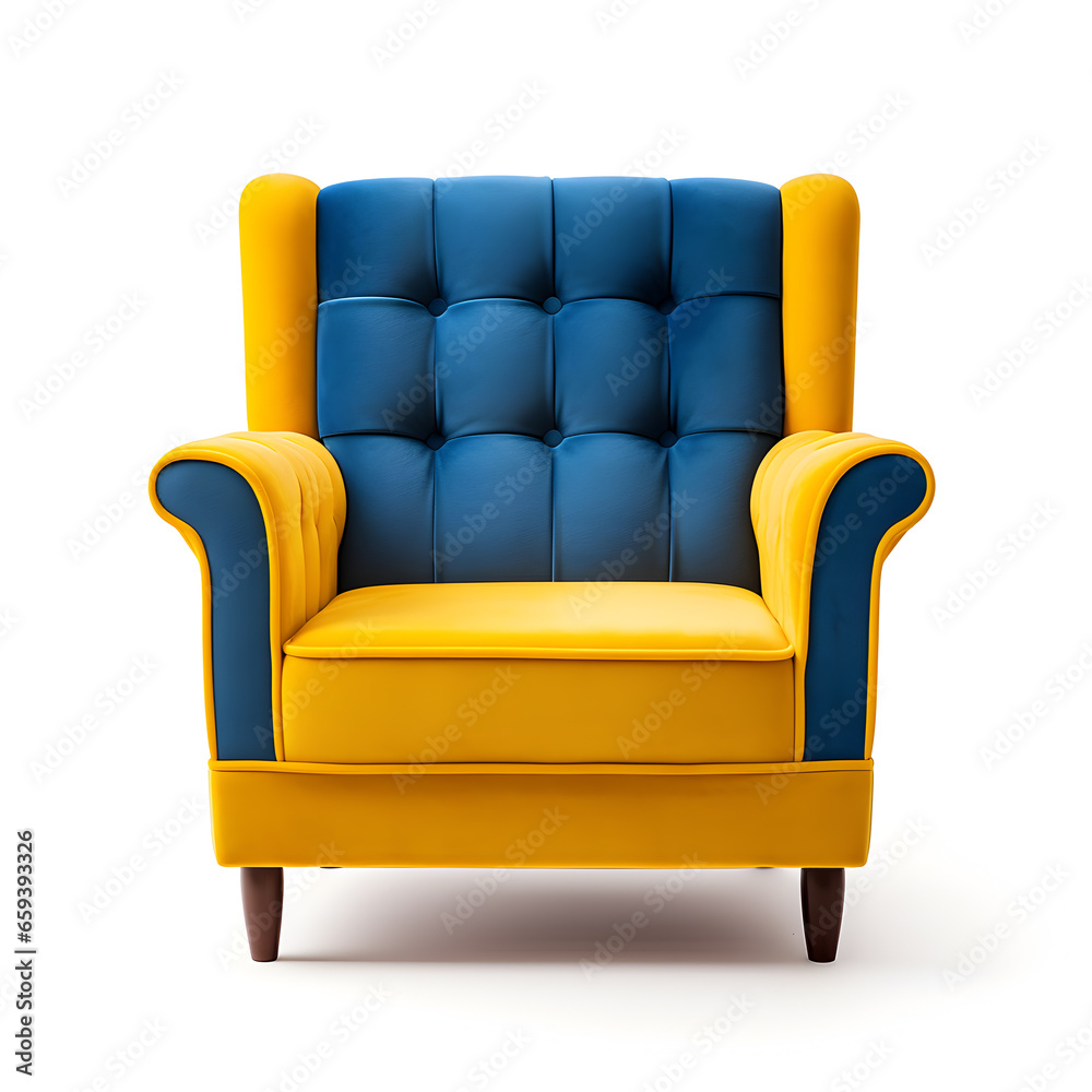 Blue and yellow armchair on a white background.