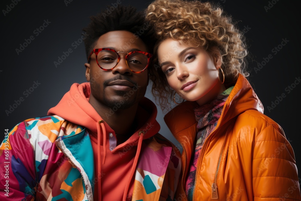 Trendy couple in bold and vibrant clothing, showcasing their unique and expressive personalities, Generative AI