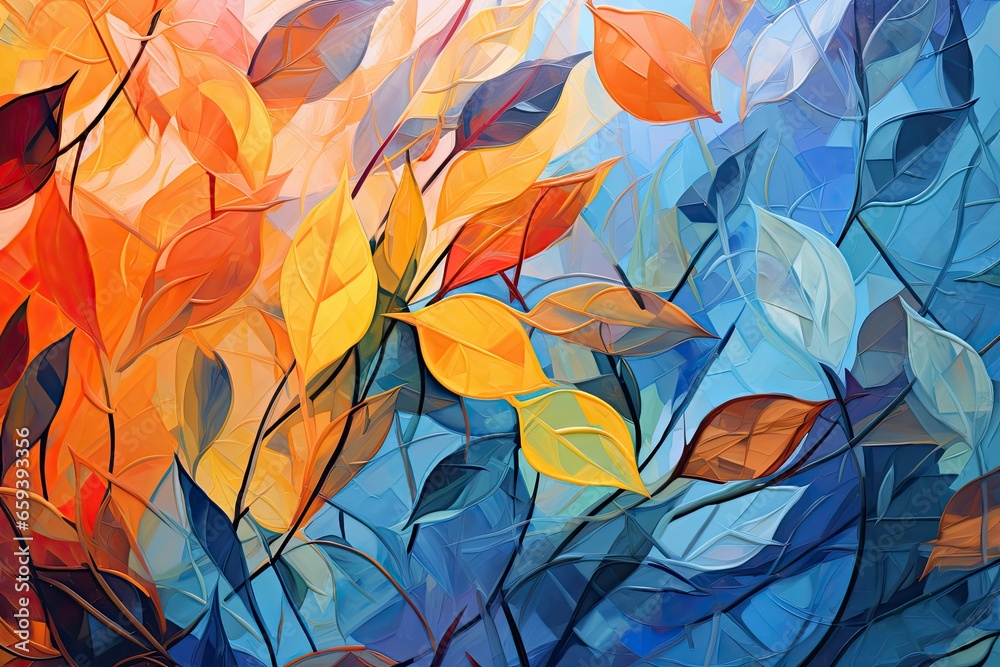 A beautiful painting for an autumn background with orange and blue leaves. Generative AI A beautiful painting for an autumn background with orange and blue leaves. Generative AI
