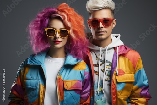 Trendy couple in bold and vibrant clothing, showcasing their unique and expressive personalities, Generative AI