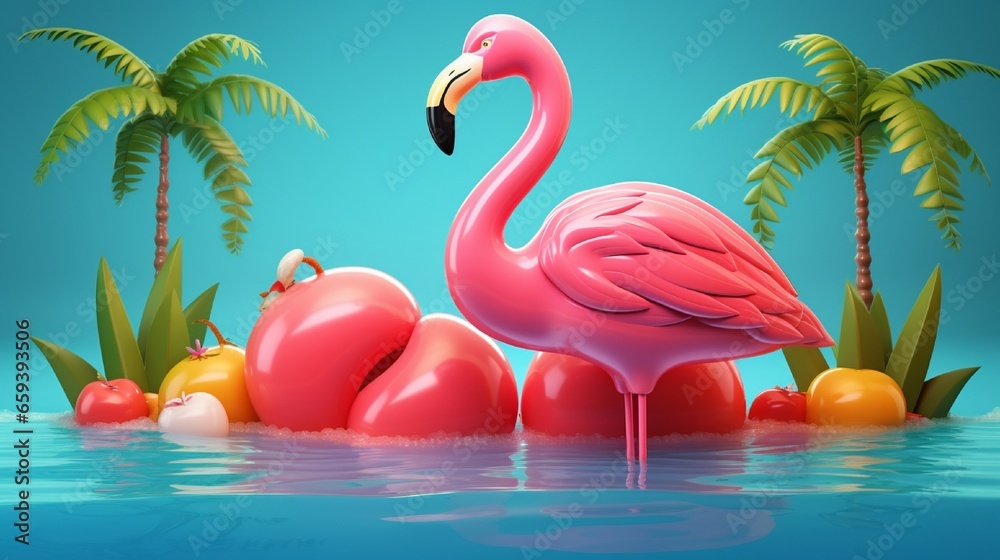 Obraz premium Summer break. Vector realistic elements of a flamingo inflatable toy, watermelon, palm trees, shell, and water splash