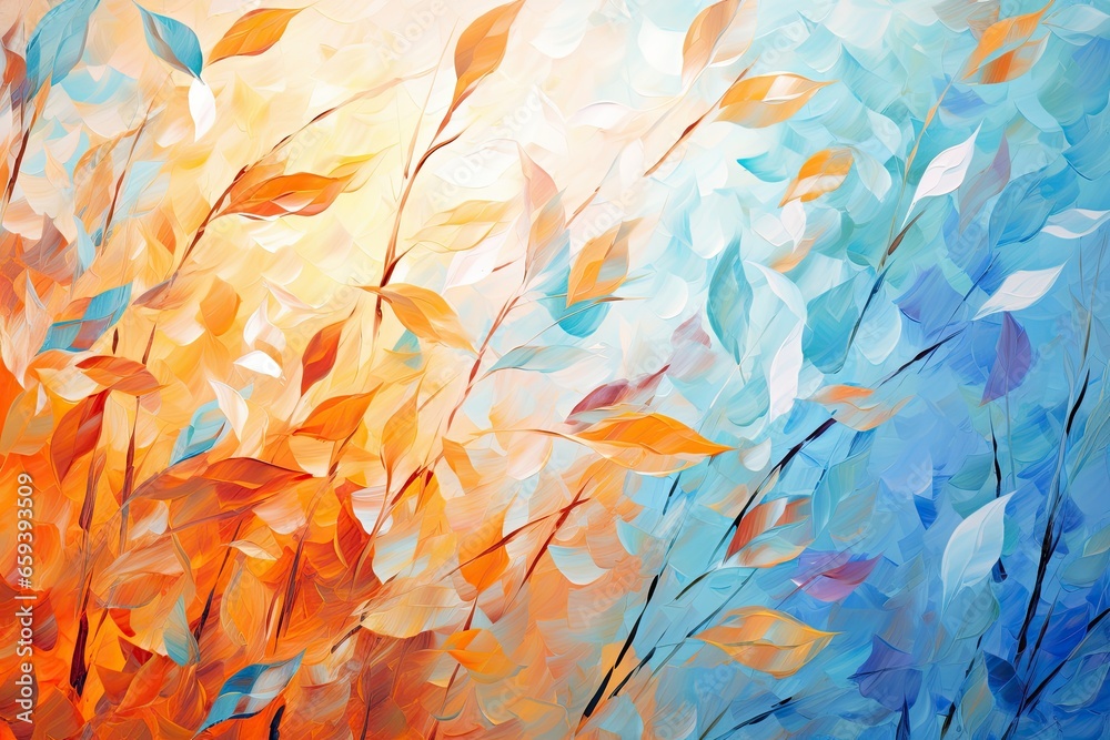 A beautiful painting for an autumn background with orange and blue leaves. Generative AI