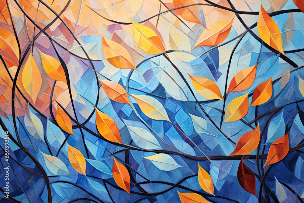 A beautiful painting for an autumn background with orange and blue leaves. Generative AI A beautiful painting for an autumn background with orange and blue leaves. Generative AI