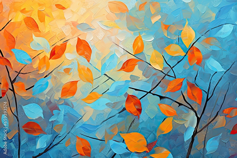 A beautiful painting for an autumn background with orange and blue leaves. Generative AI