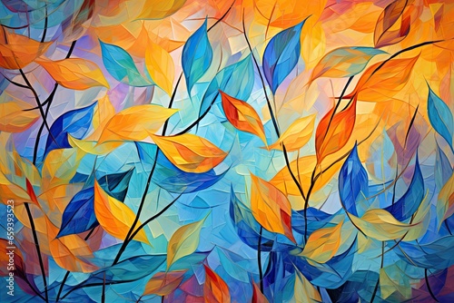 A beautiful painting for an autumn background with orange and blue leaves. Generative AI