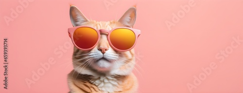 Cat in sunglass shade on a solid uniform background, editorial advertisement, commercial. Creative animal concept. With copy space for your advertisement  © 360VP