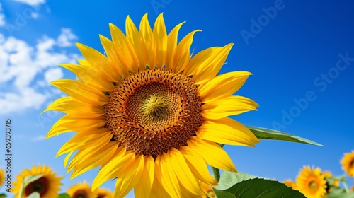 close-up of a sunflower with a blue sky background.