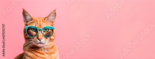 Cat in sunglass shade on a solid uniform background, editorial advertisement, commercial. Creative animal concept. With copy space for your advertisement  © 360VP