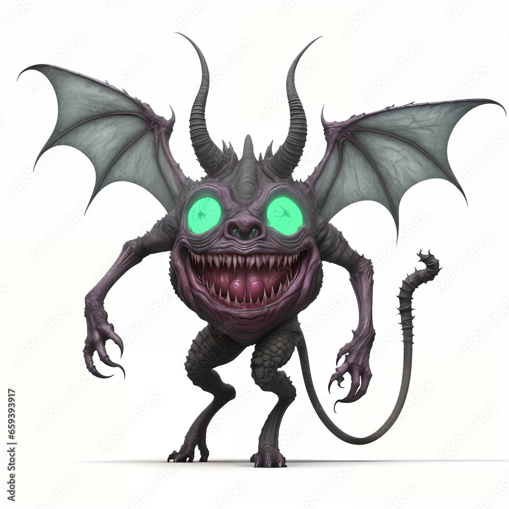 Fototapeta premium Monstrous demon with horns and wings. Isolated on white background. Generative AI.