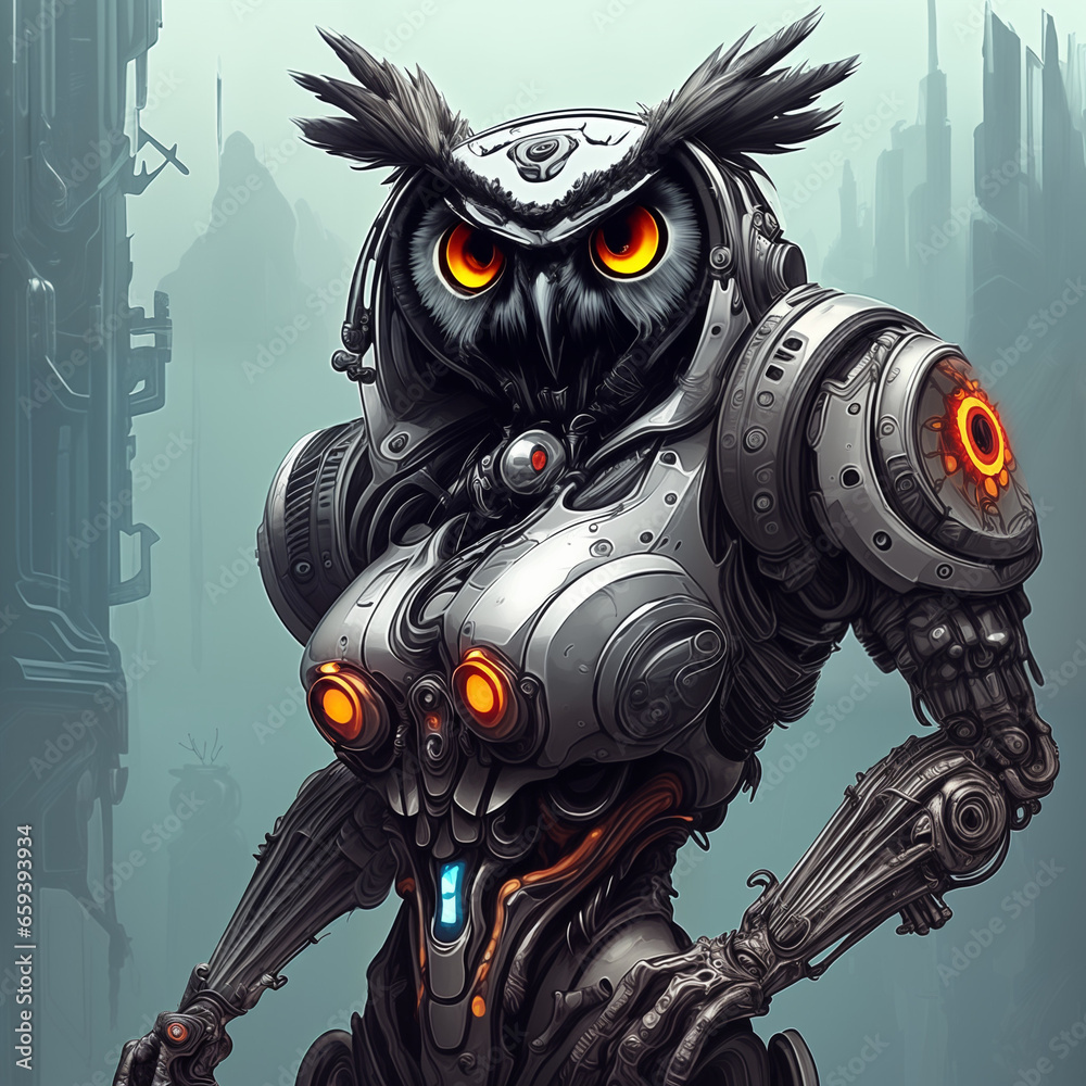 Anthropomorphic Owl cyborg. Digital illustration. Generative AI. Anthropomorphic Owl cyborg. Digital illustration. Generative AI.
