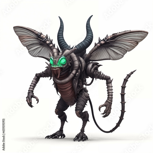 Insectlike Monster with horns and wings. Isolated on white background. Generative AI.