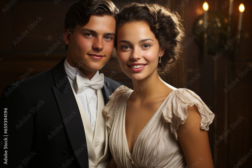  Couple in classic vintage attire, capturing timeless elegance and charm, Generative AI
