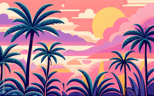 Seamless pattern with palm trees and sunset.