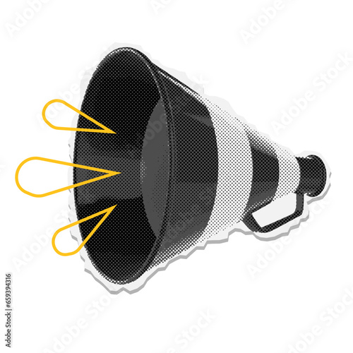 Retro striped Loudspeaker torn out sticker for collage. Vintage megaphone fir mixed media design. Vector halftone illustration with doodle blah lines. Gunge punk element.