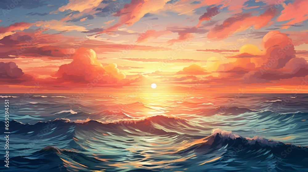 At the water, the sun sets. The rising sun has a wide range of colors and hues. The seascape.