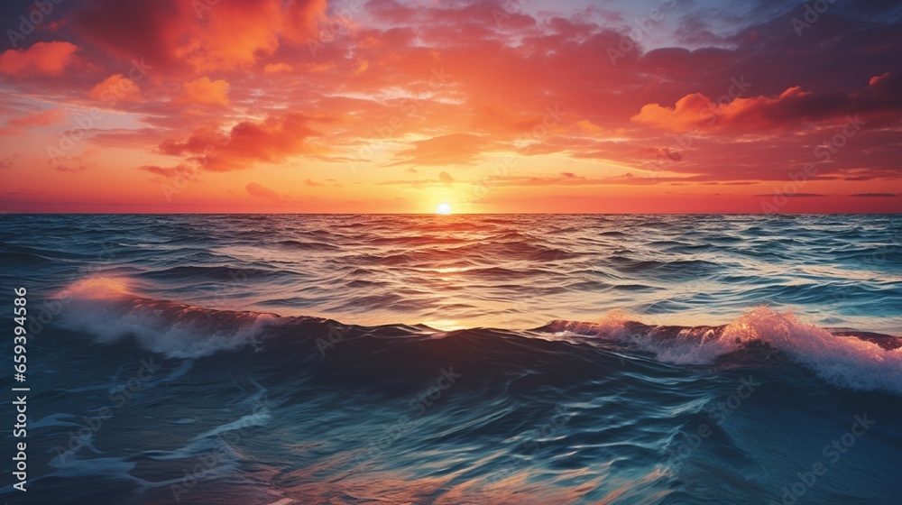 At the water, the sun sets. The rising sun has a wide range of colors and hues. The seascape.. - obrazy, fototapety, plakaty 