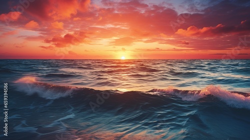 At the water  the sun sets. The rising sun has a wide range of colors and hues. The seascape..