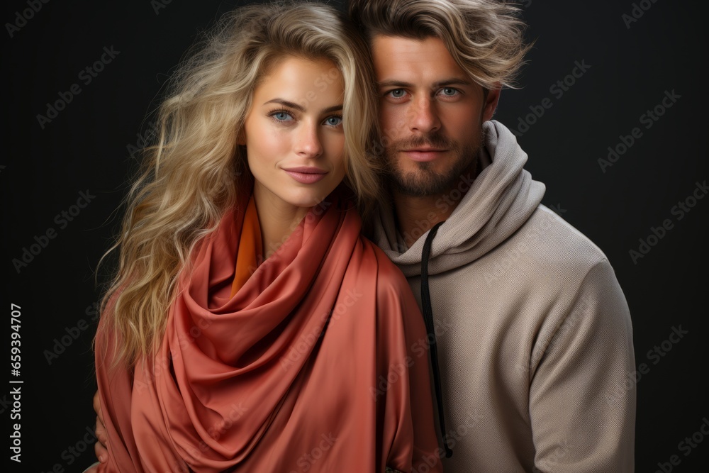 Fashionable couple embracing, with the focus on their trendy accessories, Generative AI Fashionable couple embracing, with the focus on their trendy accessories, Generative AI