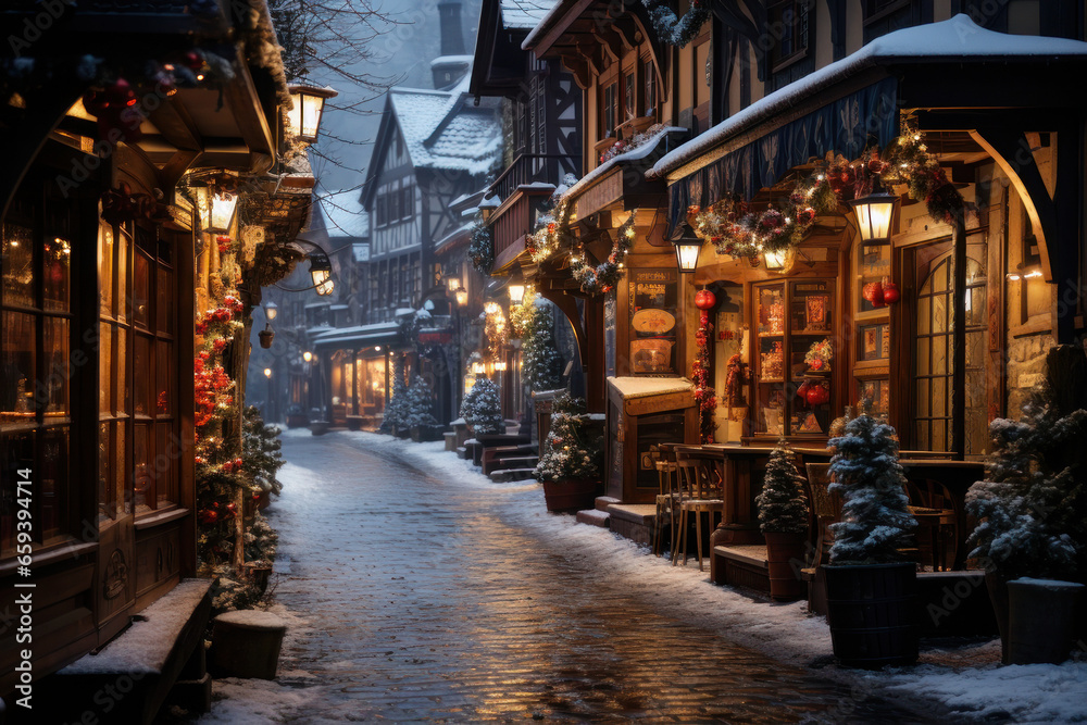 Fototapeta premium Winter Wonderland Christmas Village with Snowy Mountains - Holiday Postcard. Generative AI