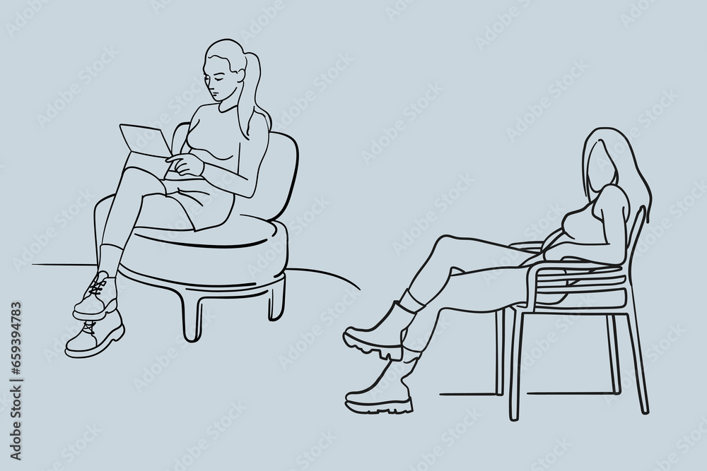Fototapeta premium Sitting girls line art on a chair on a blue background. Office worker. The working process. Minimal vector illustration. 