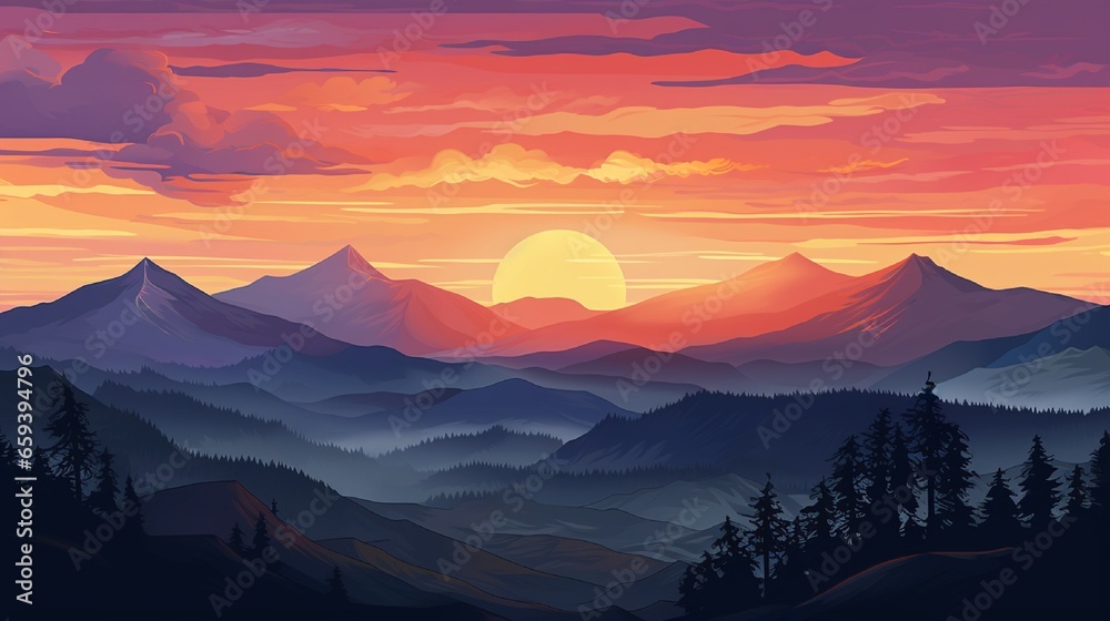 Obraz premium The sun setting over the mountains. Sunset over a tree and mountain silhouette. Sunset clouded sky landscape.